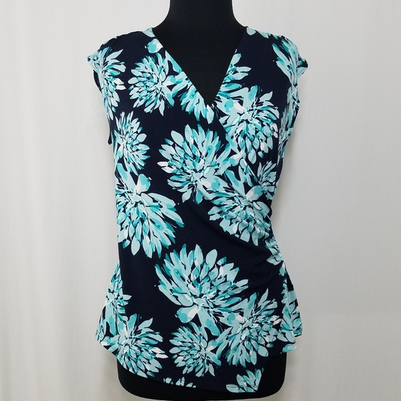 Ann Taylor Tops - Ann Taylor Top Faux Wrap Stretch Floral Teal Navy